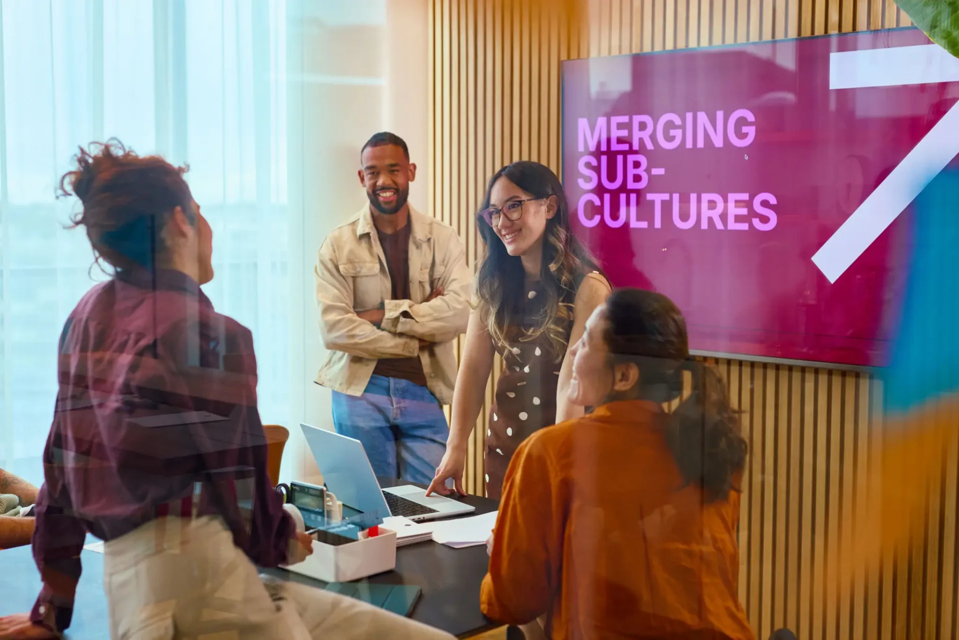Group meeting with presentation screen